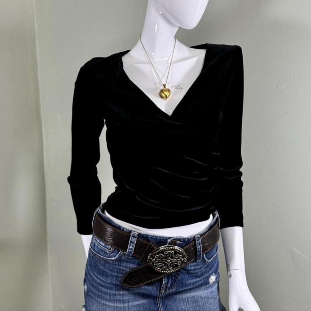 Vintage 90s Stage Accents Black Stretch Velvet Slim Wrap 3/4‎ Long Sleeve Top
